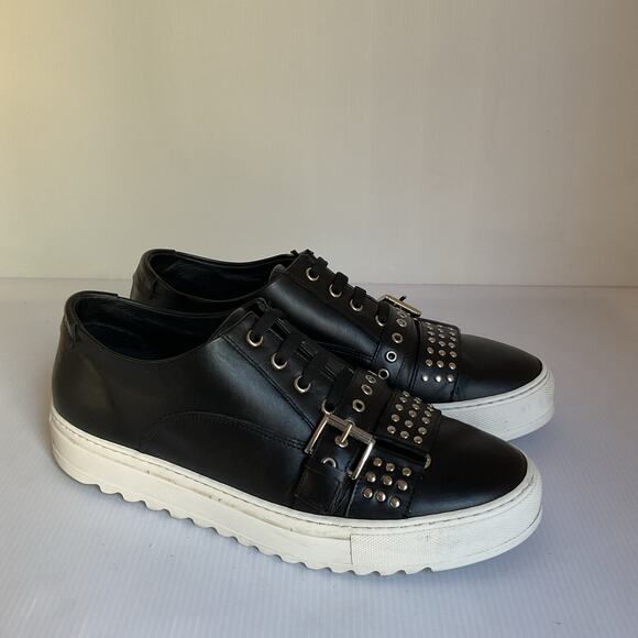 Les Hommes Black Leather Studded Buckle Sneakers Men’s Size 42/ 9 US  Italian - Picture 3 of 12